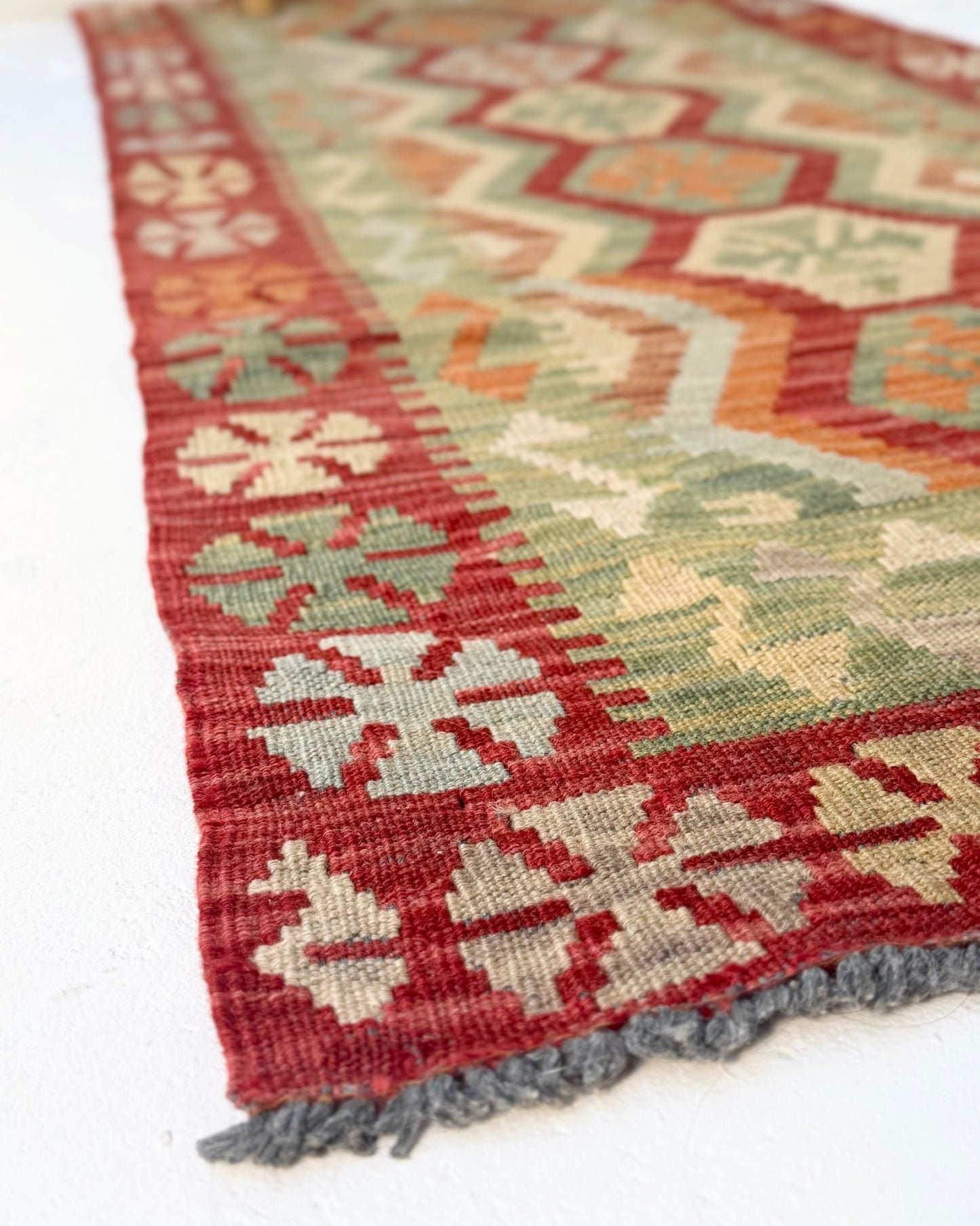 Terracotta and Green Afghan Chobi Kilim Rug - Biggs & Hill