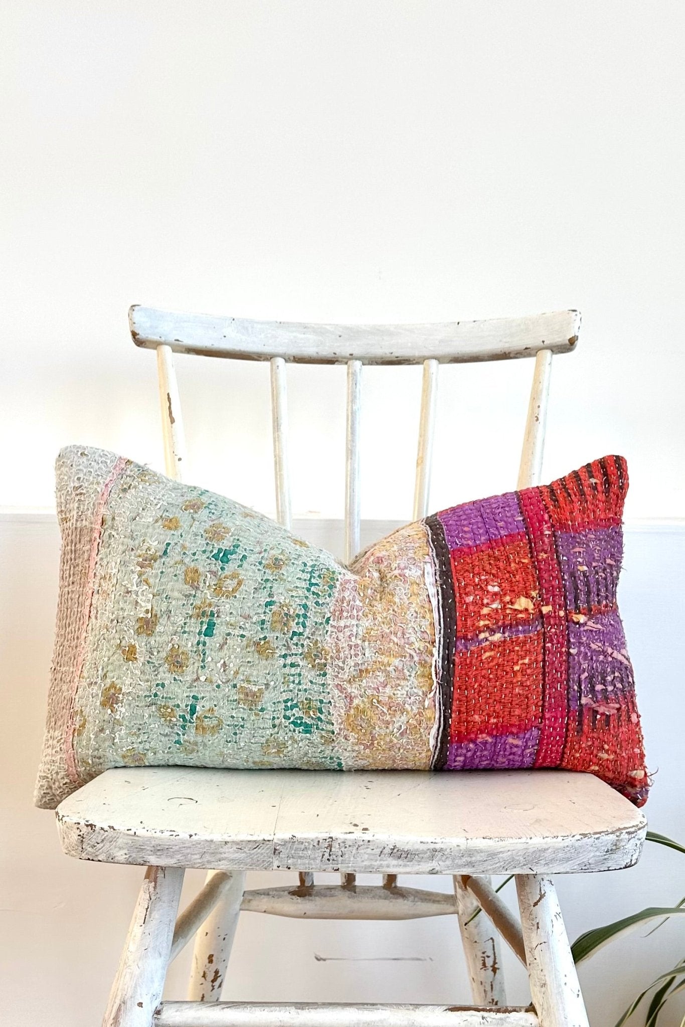 Vintage Kantha Cushion In Purple and Blue - Small Rectangular - Biggs & Hill