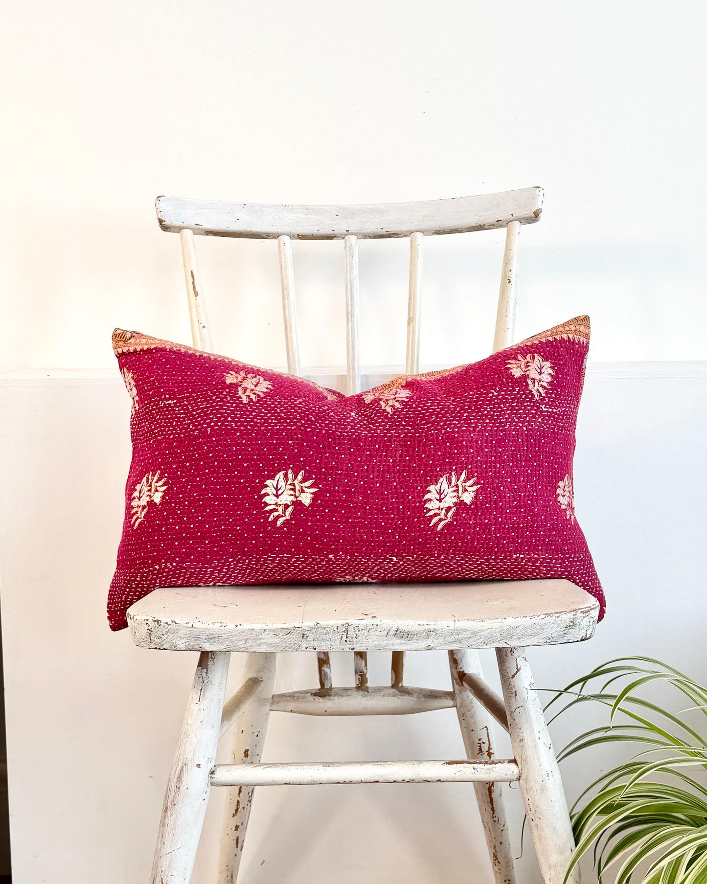 Vintage Kantha Cushion In Burgundy and Gold - Small Rectangular