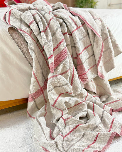 Embroidered Antique Vintage Kantha Quilt in White and Pink