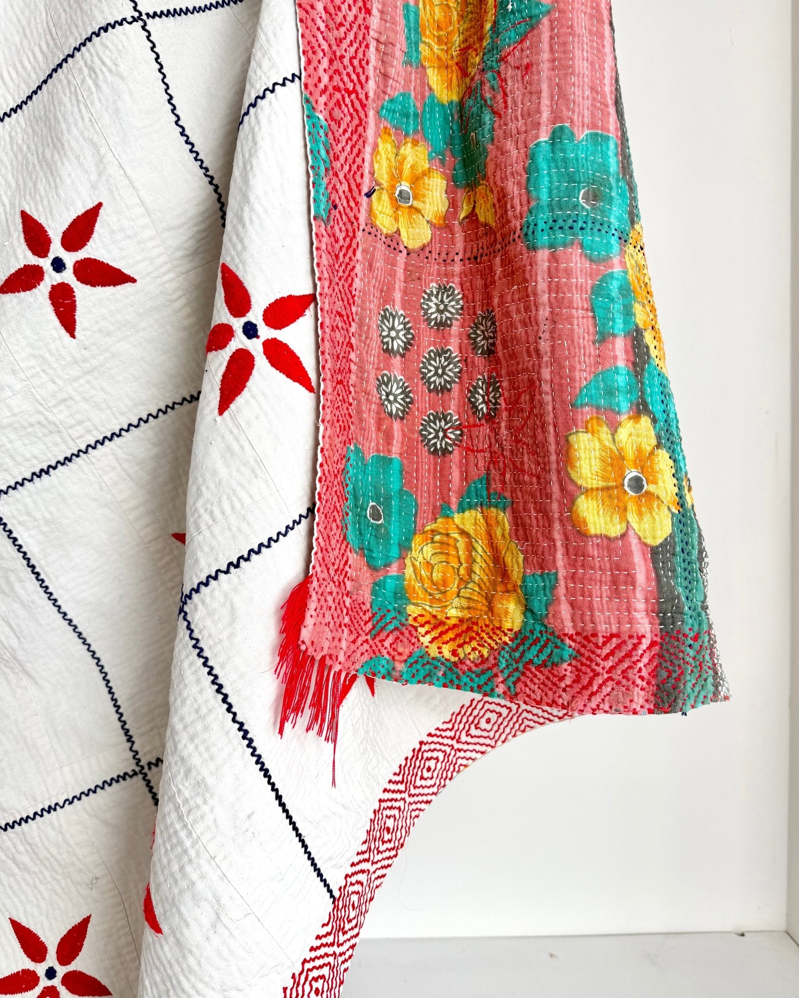 Large Embroidered Vintage Kantha Quilt in White With Red Flower Pattern - Biggs & Hill