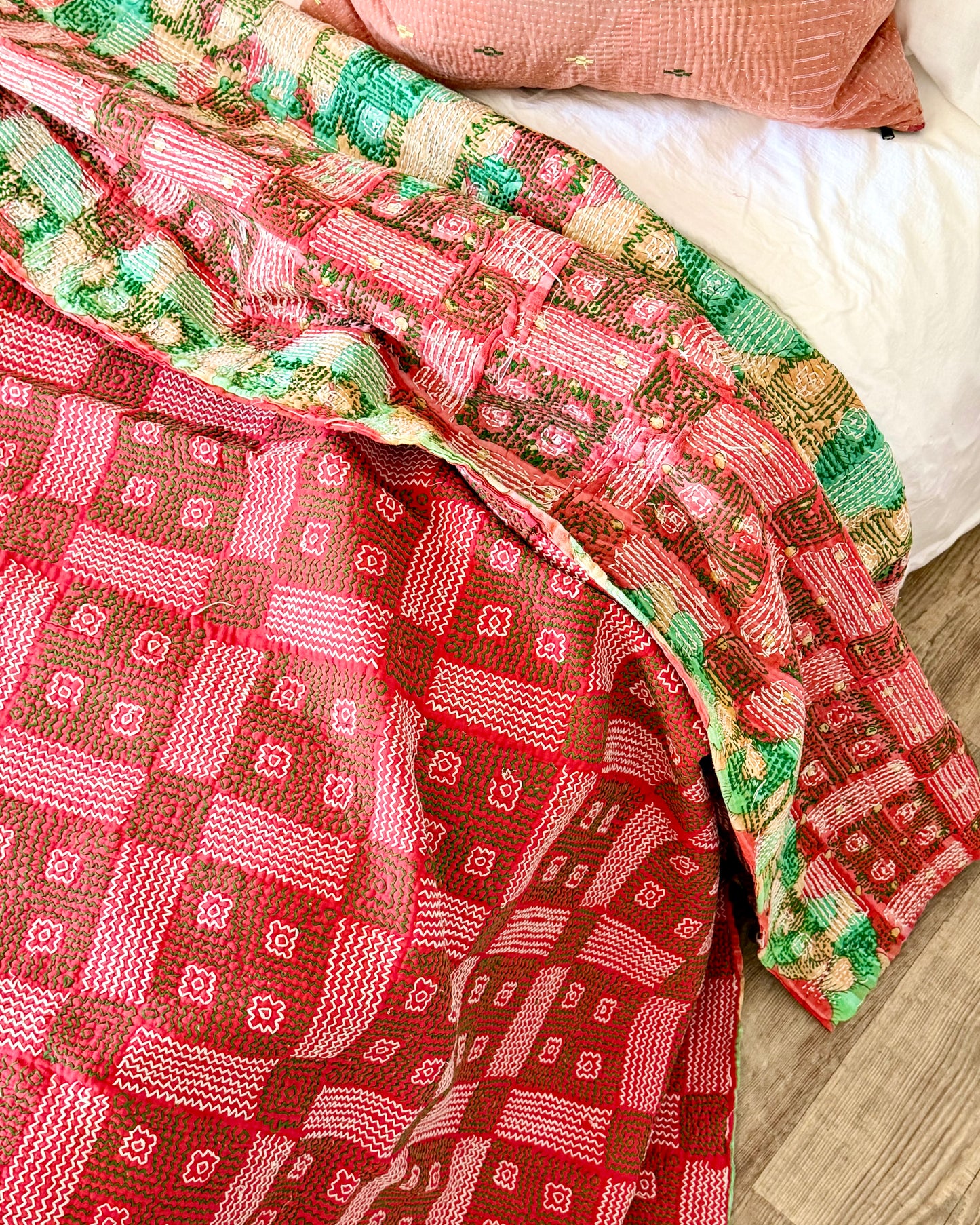 Heavy Vintage Galicha Kantha Quilt In Pink and Green