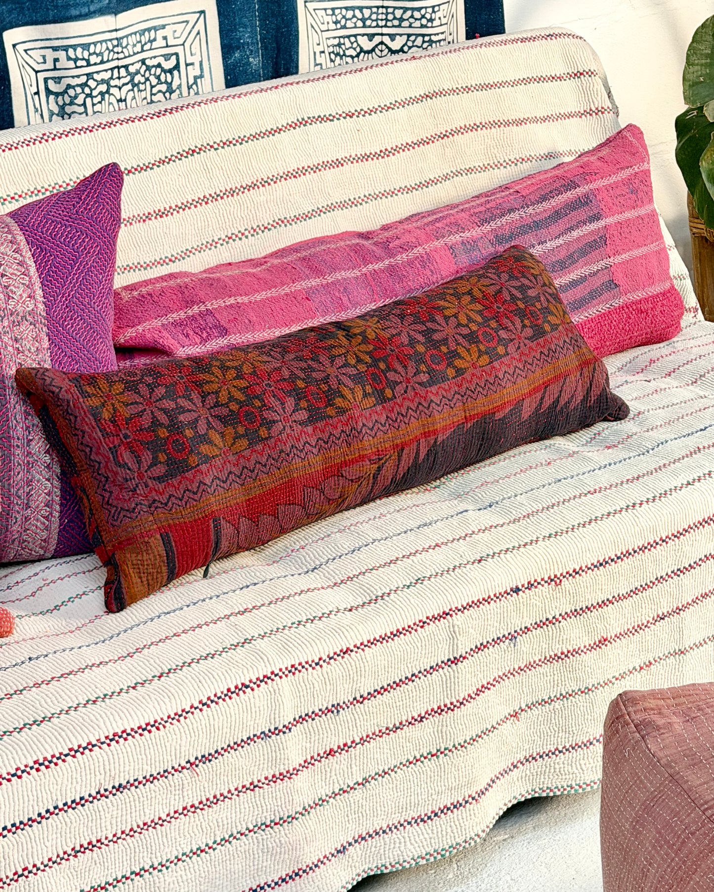 Vintage Kantha Bolster Cushion Cover In Deep Burgundy - 80cm