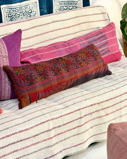 Vintage Kantha Bolster Cushion Cover In Deep Burgundy - 80cm