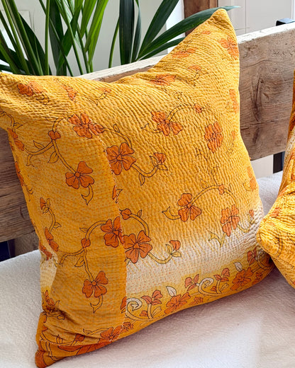 Vintage Kantha Cushion In Yellow Floral - 45cm Square