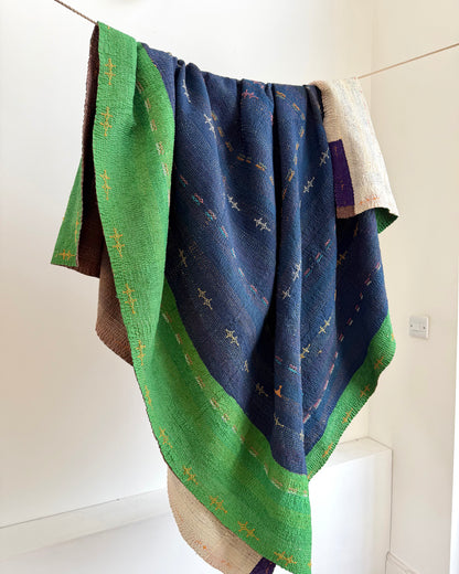 Vintage Embroidered Saami Ralli Quilt in Dark Blue, Green With Brown Colour Block Reverse