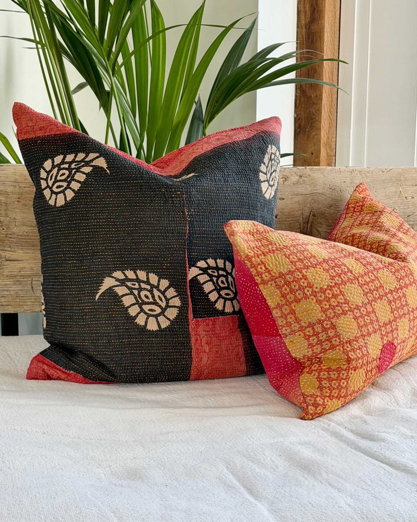 Vintage Kantha Cushion In Pink and Yellow - Small Rectangular