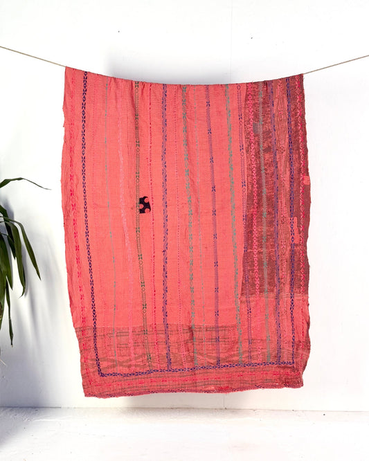 Textured and Embroidered Vintage Kantha Quilt In Deep Pink - Biggs & Hill