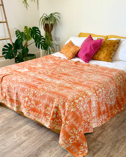 Large Fine Stitched Vintage Kantha Quilt in Orange and Green