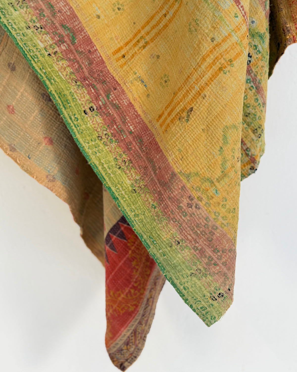 Large Textured Vintage Kantha Quilt In Soft Yellow and Orange