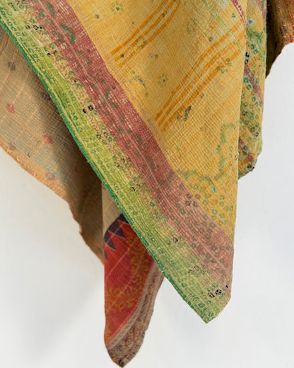 Large Textured Vintage Kantha Quilt In Soft Yellow and Orange
