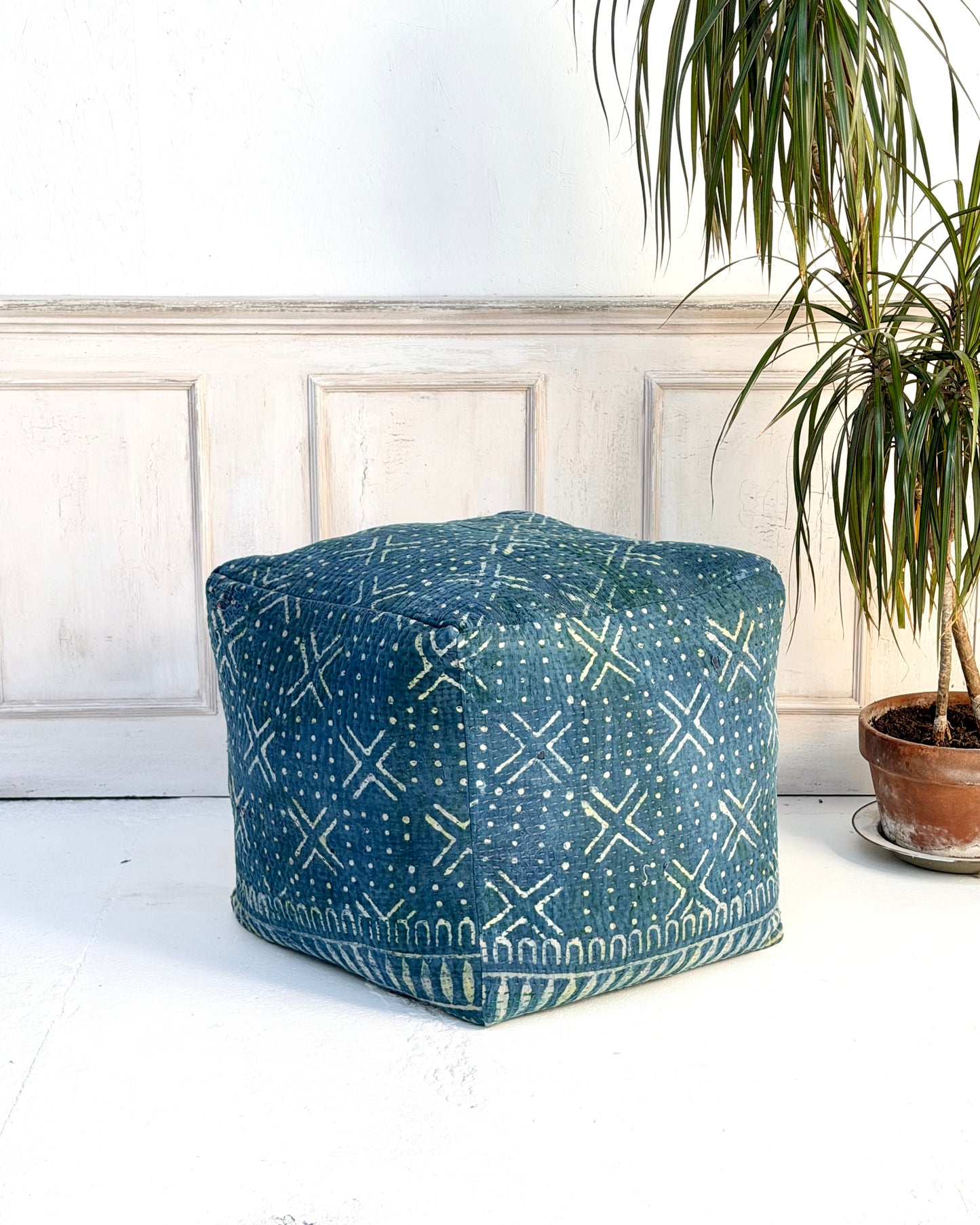 Cube Kantha Pouf Cushion Cover With Indigo Block Print