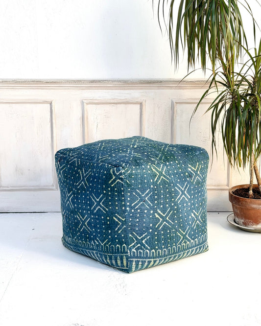 Cube Kantha Pouf Cushion Cover With Indigo Block Print - Biggs & Hill