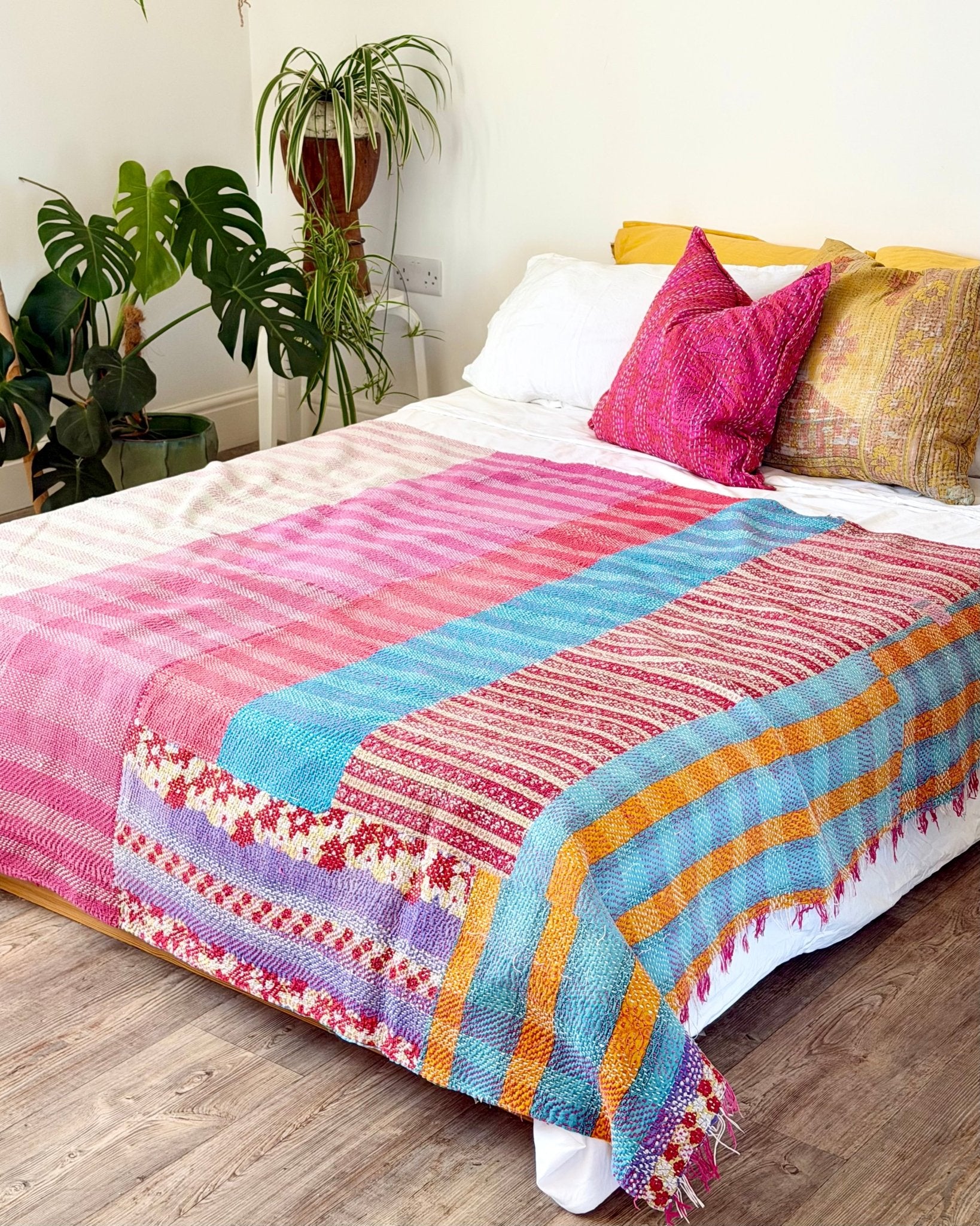 Heavy Kantha Blanket Quilt In Orange, Pink and Blue Colour Blocks - Biggs & Hill