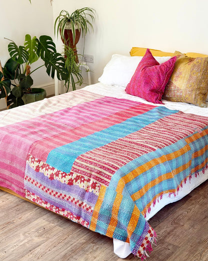 Heavy Kantha Blanket Quilt In Orange, Pink and Blue Colour Blocks - Biggs & Hill