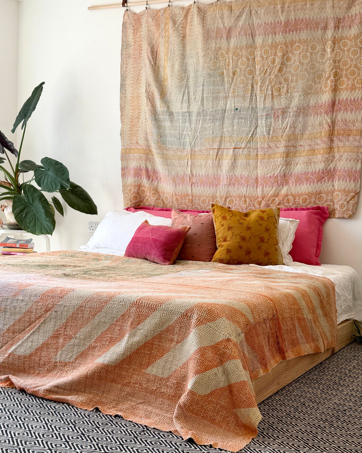 Textured Vintage Kantha Quilt In Pink and Yellow
