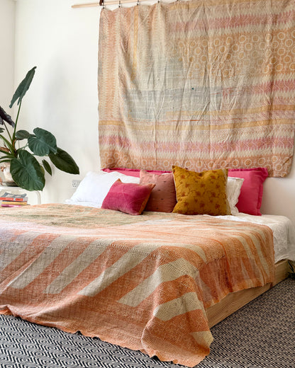 Textured Vintage Kantha Quilt In Pink and Yellow