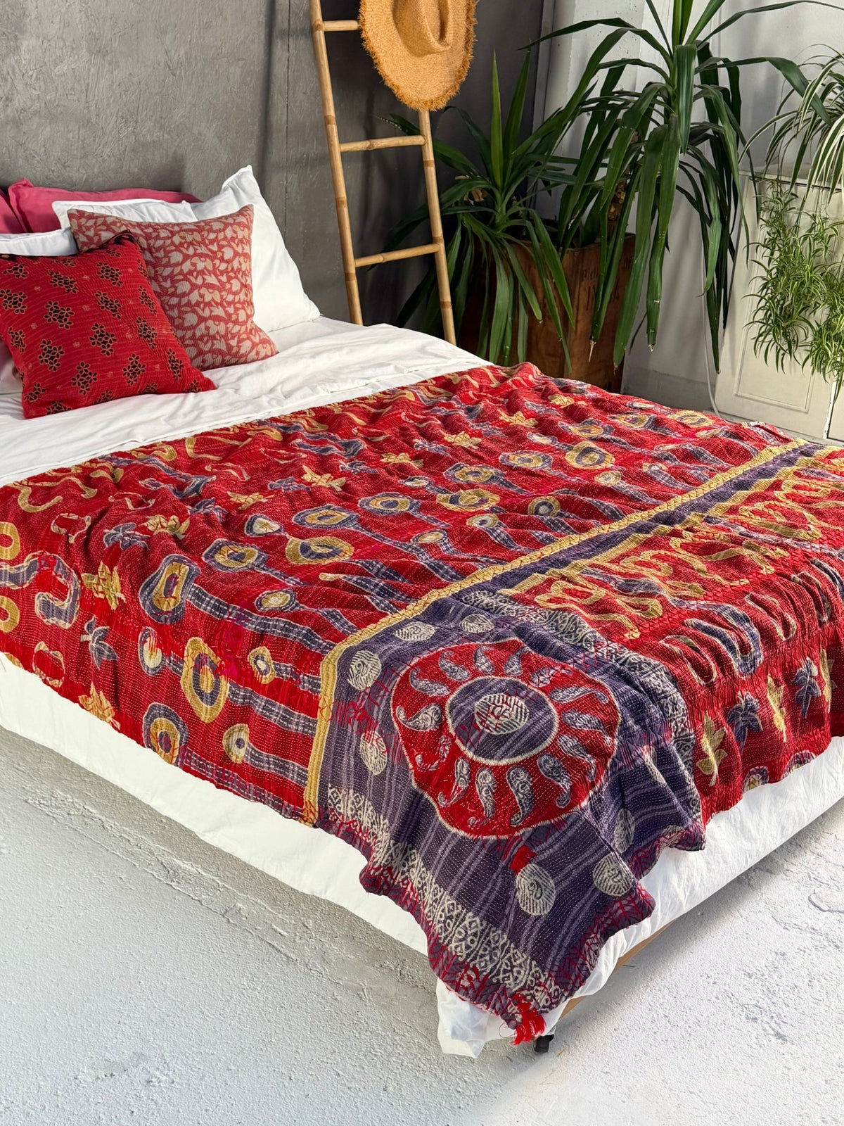 Embroidered Vintage Kantha Quilt in Red and Lilac - Biggs & Hill