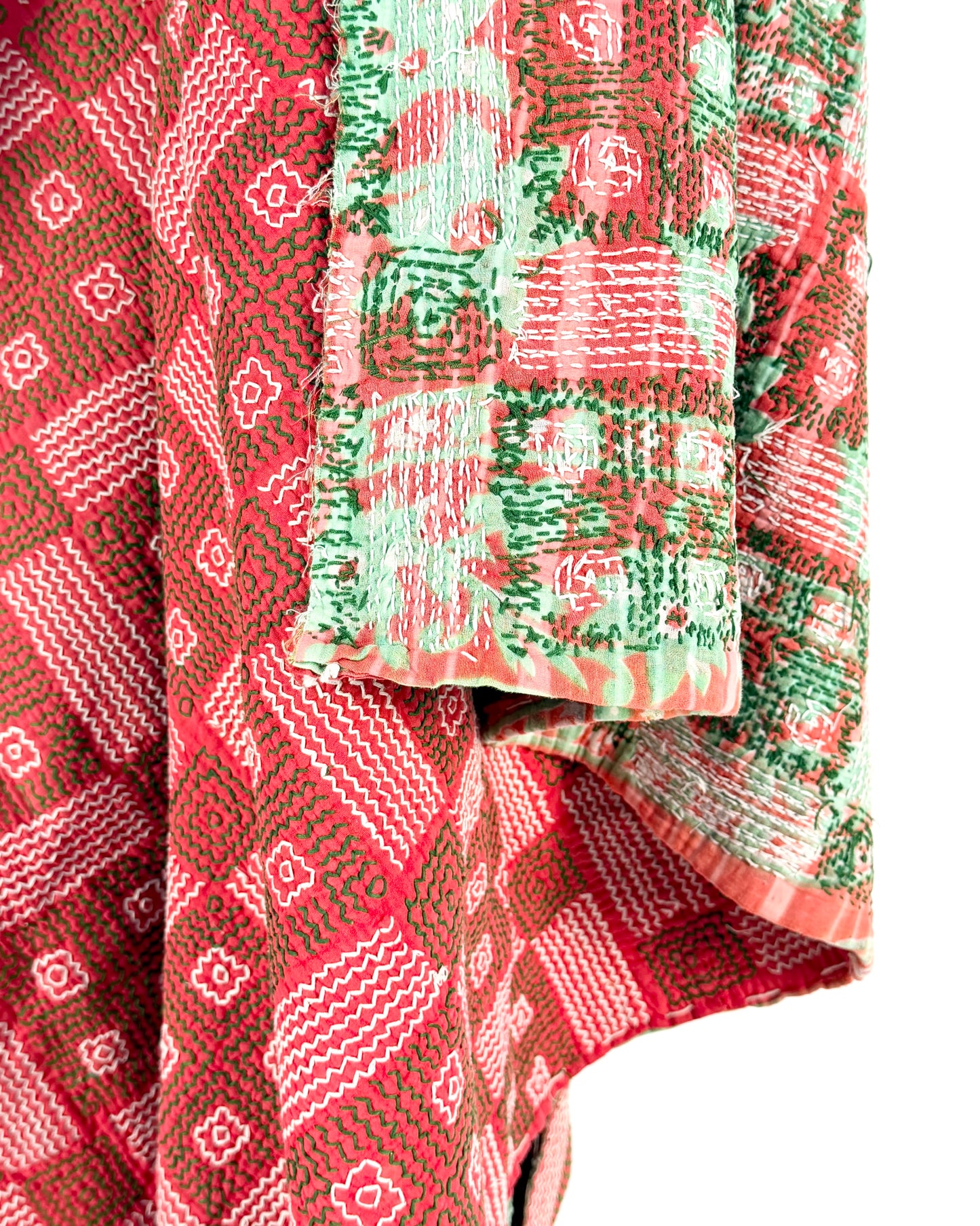 Heavy Vintage Galicha Kantha Quilt In Pink and Green