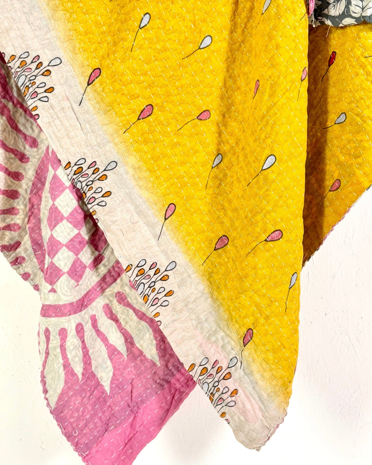 Vintage Cotton Kantha Quilt In Yellow and Pink 10 - Biggs & Hill
