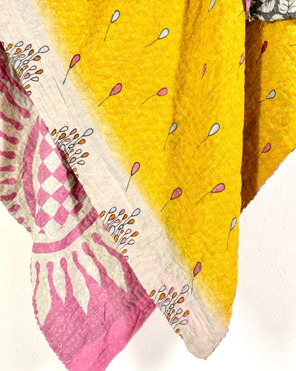 Vintage Cotton Kantha Quilt In Yellow and Pink 10 - Biggs & Hill