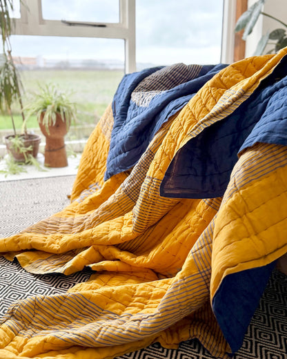 Quilted Kantha In Blue and Yellow With Geometric Patterns - SUPER KING - Biggs & Hill