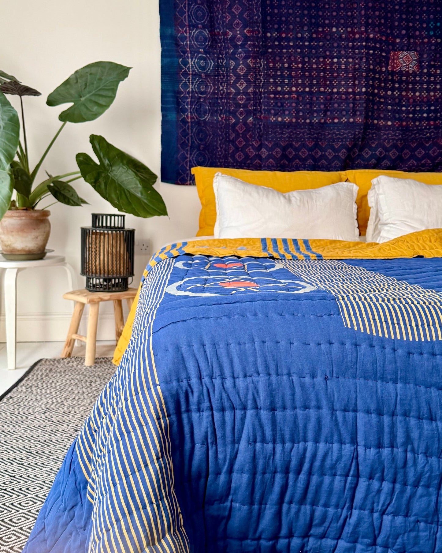 Quilted Kantha In Blue and Yellow With Geometric Patterns - SUPER KING - Biggs & Hill