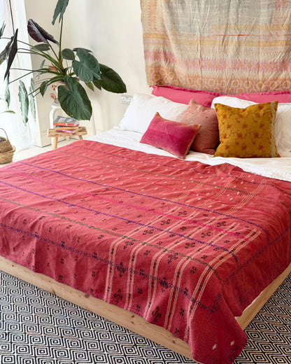 Extra Large Embroidered Vintage Kantha Quilt in Deep Red