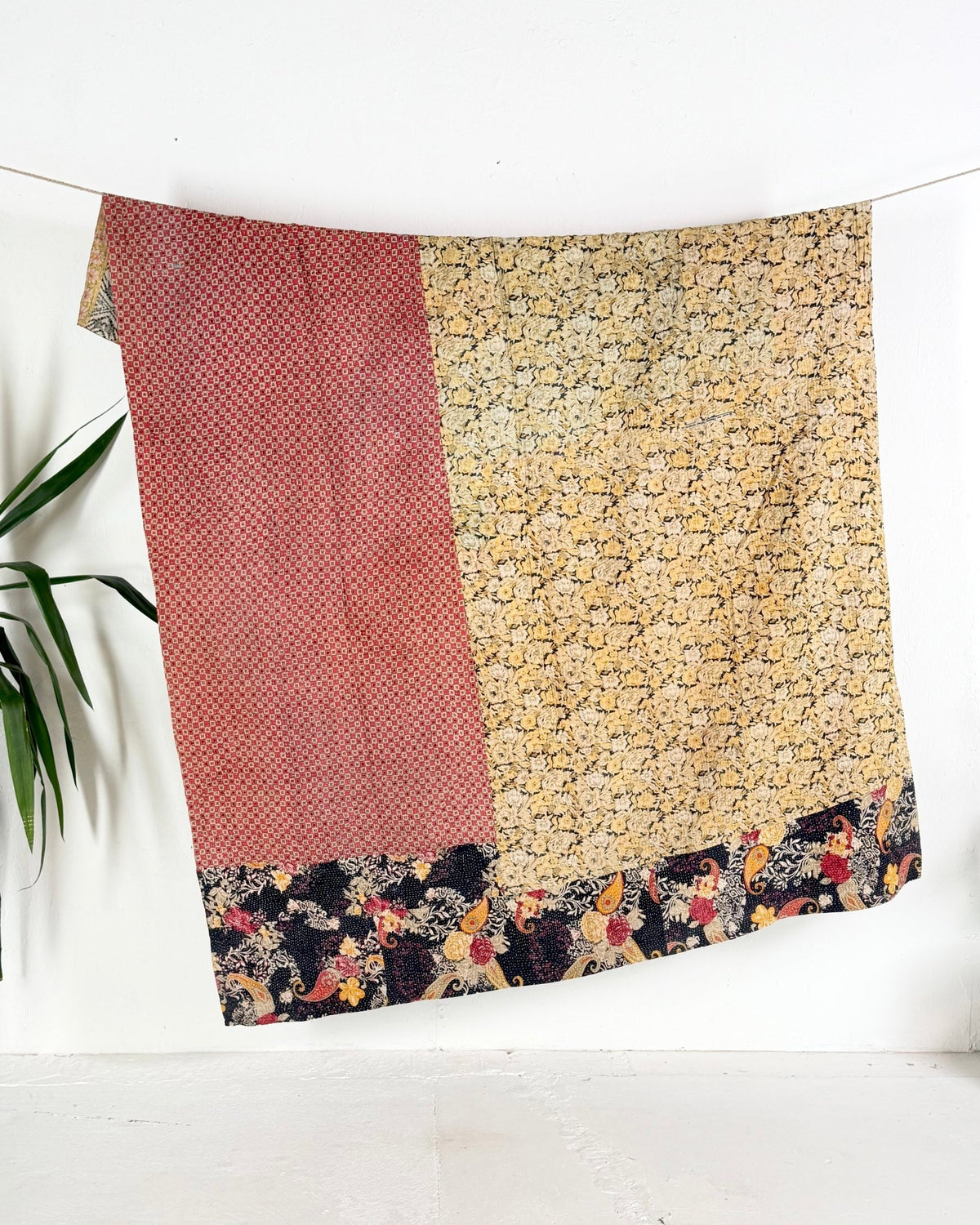 Fine Stitched Vintage Kantha Quilt in Peachy Pink and Mustard - Biggs & Hill