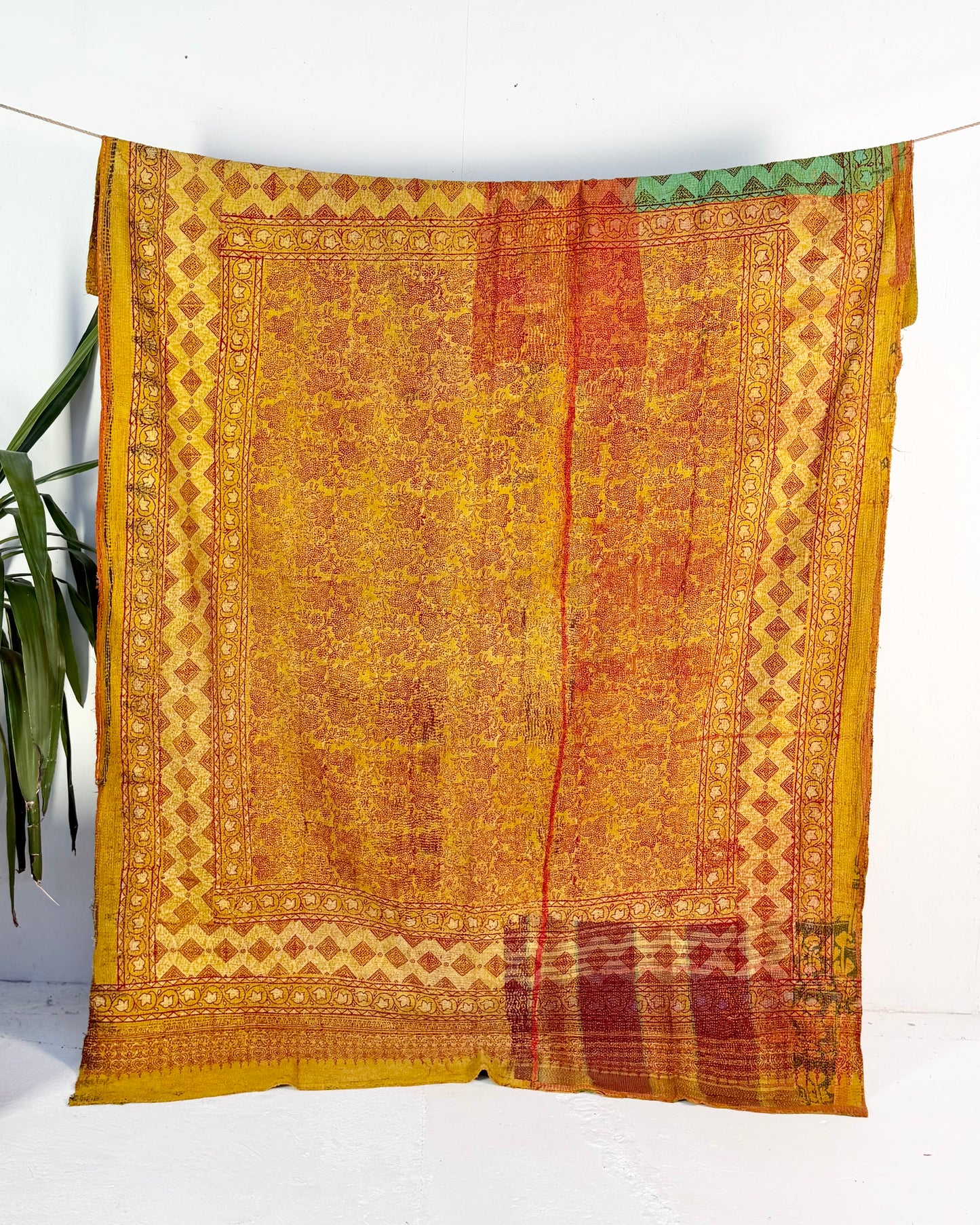 Extra Large Ajrakh Printed Vintage Kantha Quilt In Green-Gold