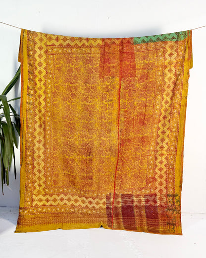 Extra Large Ajrakh Printed Vintage Kantha Quilt In Green-Gold