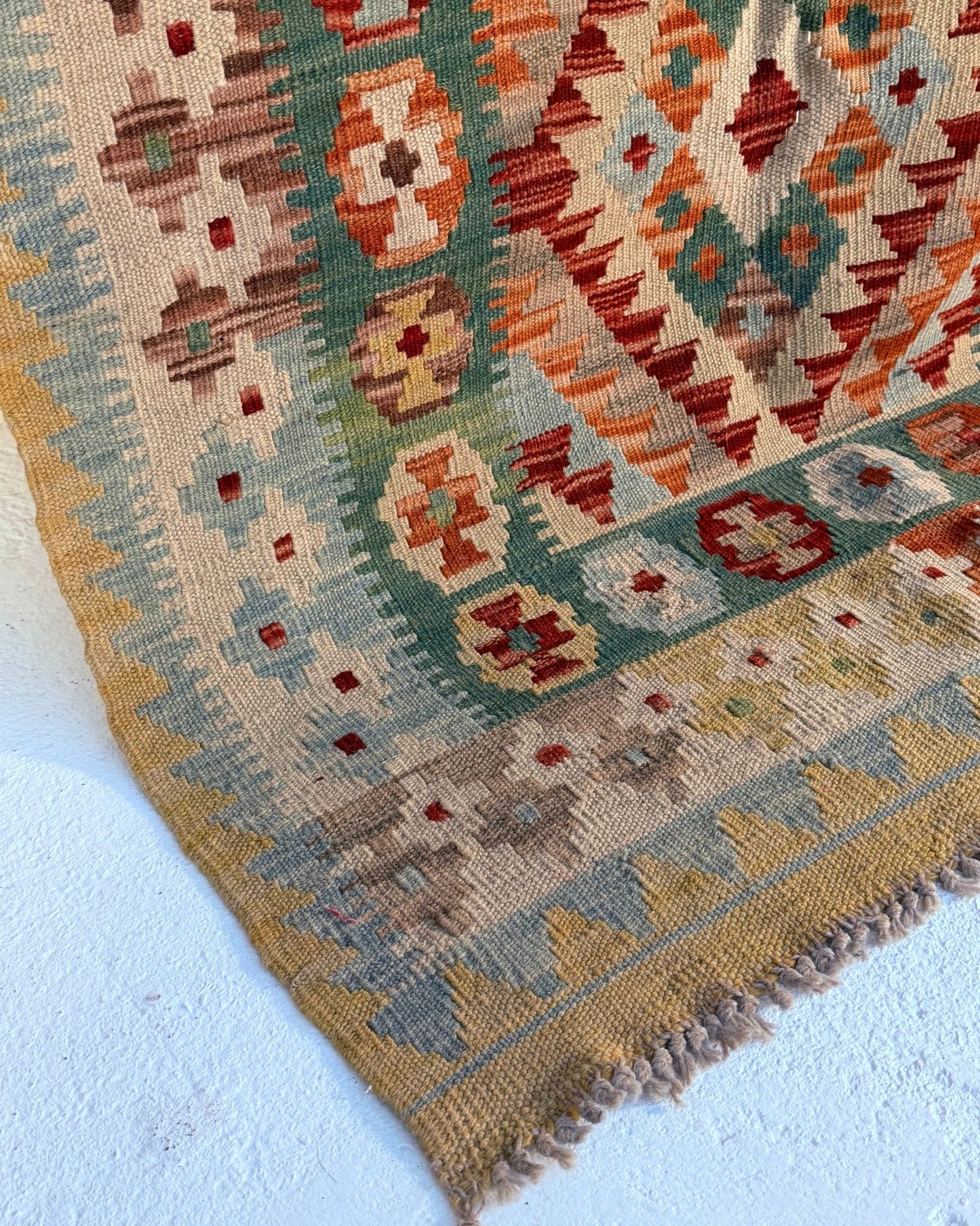 Green and Yellow Afghan Chobi Kilim Rug - Biggs & Hill