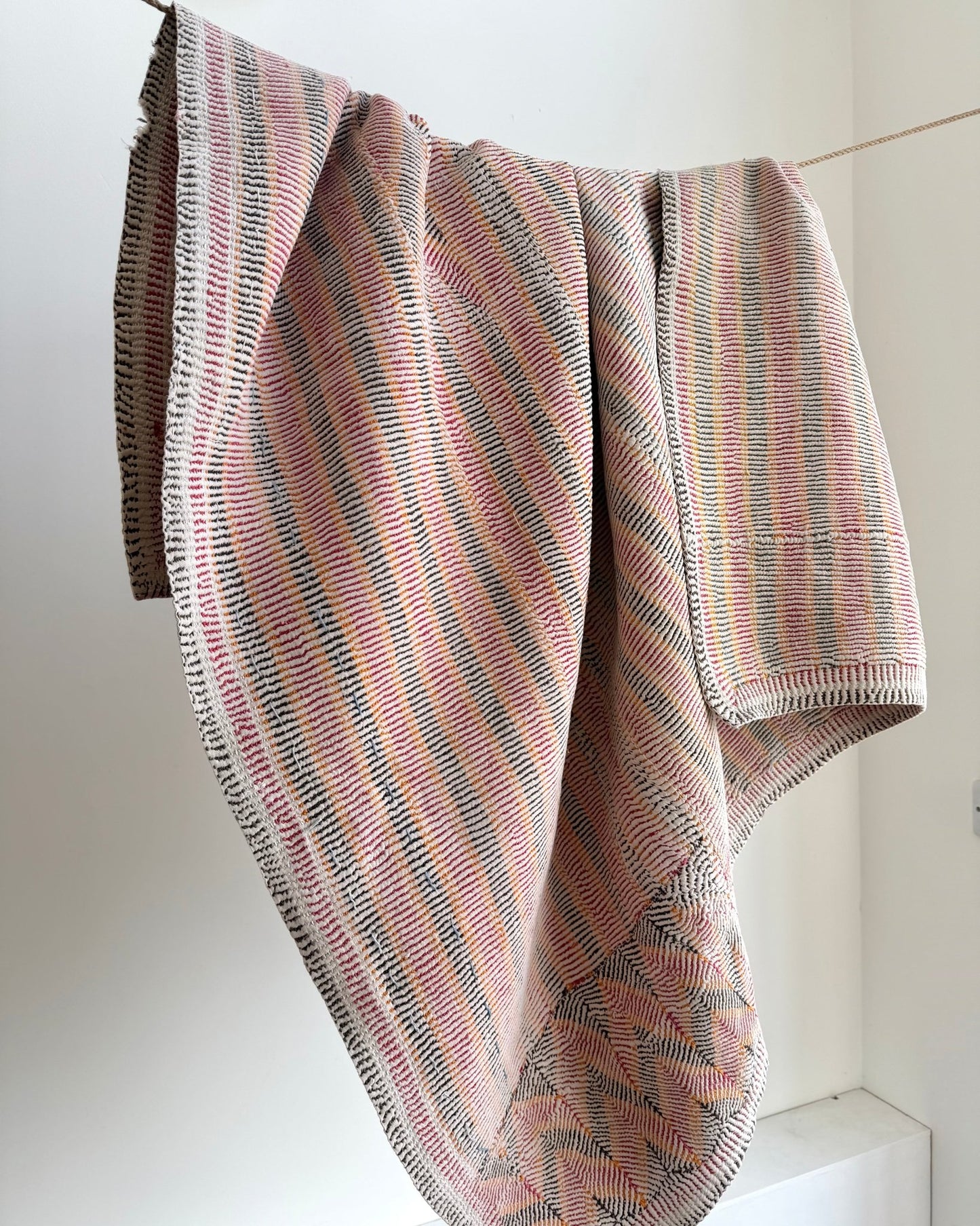 Small Heavy Vintage Lohori Kantha Quilt in Pink and Yellow Stripes - Biggs & Hill