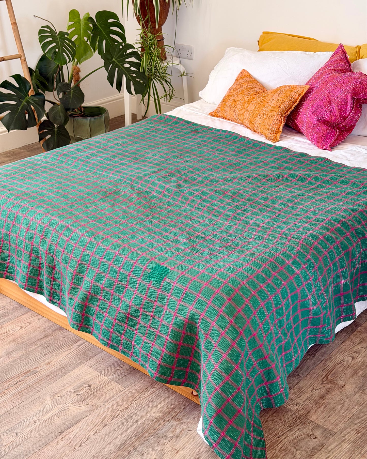 Large Fine Stitched Vintage Kantha Quilt in Orange and Green