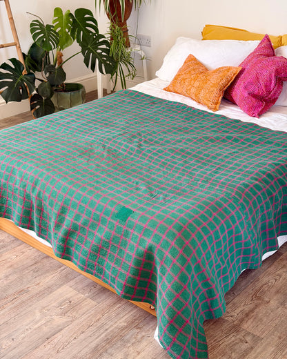 Large Fine Stitched Vintage Kantha Quilt in Orange and Green