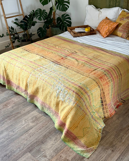 Large Textured Vintage Kantha Quilt In Soft Yellow and Orange