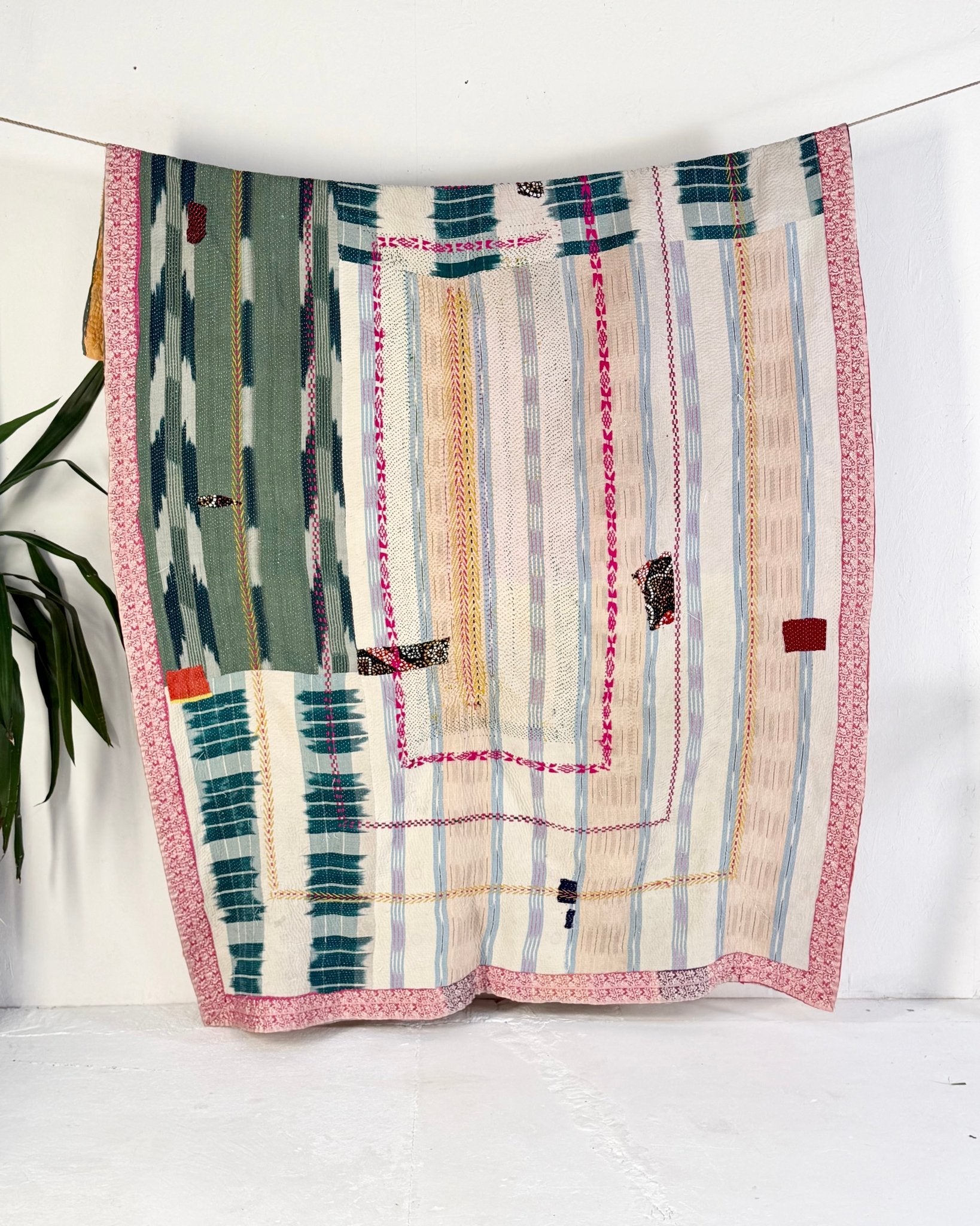 Heavy Fine Stitched Embroidered Vintage Kantha Quilt in Yellow, Pink and Blue - Biggs & Hill