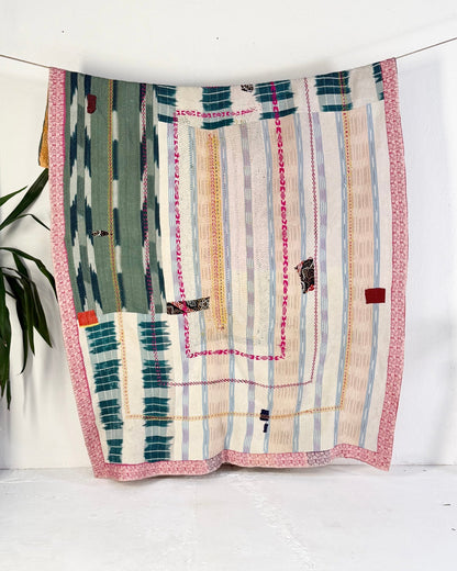 Heavy Fine Stitched Embroidered Vintage Kantha Quilt in Yellow, Pink and Blue - Biggs & Hill