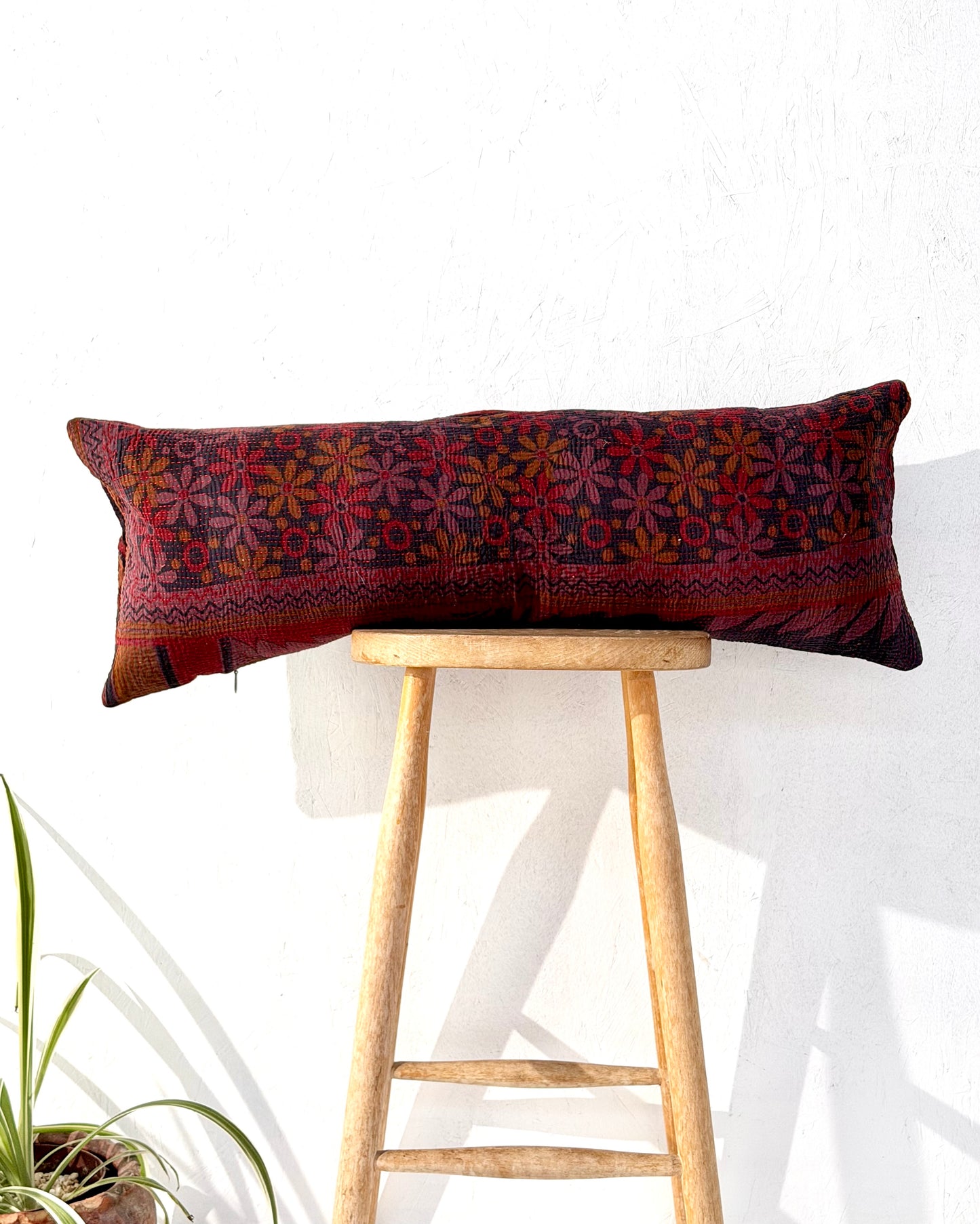 Vintage Kantha Bolster Cushion Cover In Deep Burgundy - 80cm