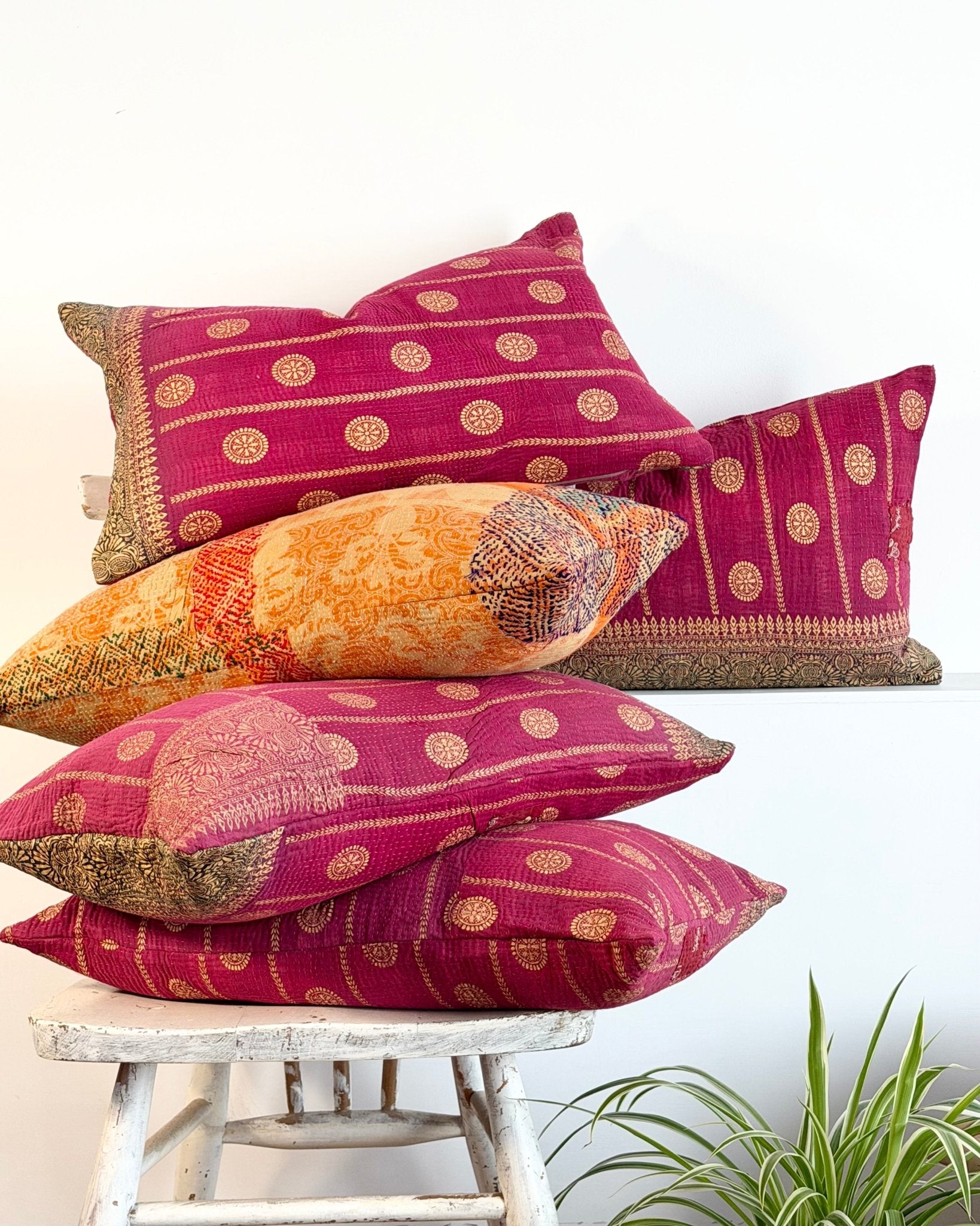 Vintage Kantha Cushion In Burgundy and Gold Dots - Small Rectangular - Biggs & Hill