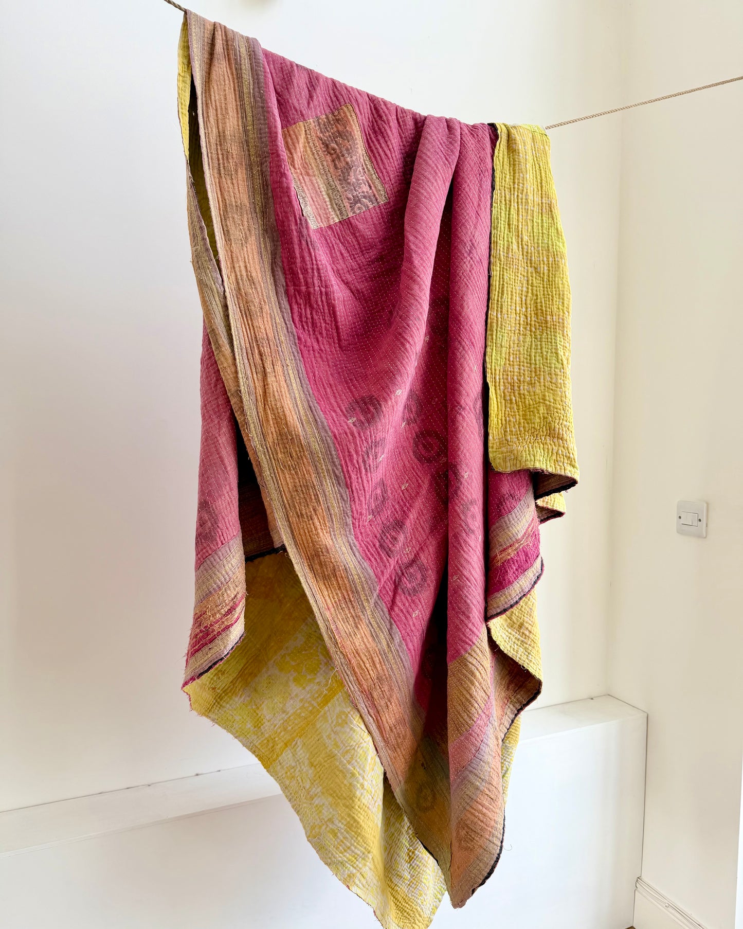 Extra Large Fine Stitched Vintage Kantha Quilt in Pink And Yellow