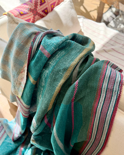 Extra Large Heavy Embroidered Vintage Kantha Quilt in Green and Blue