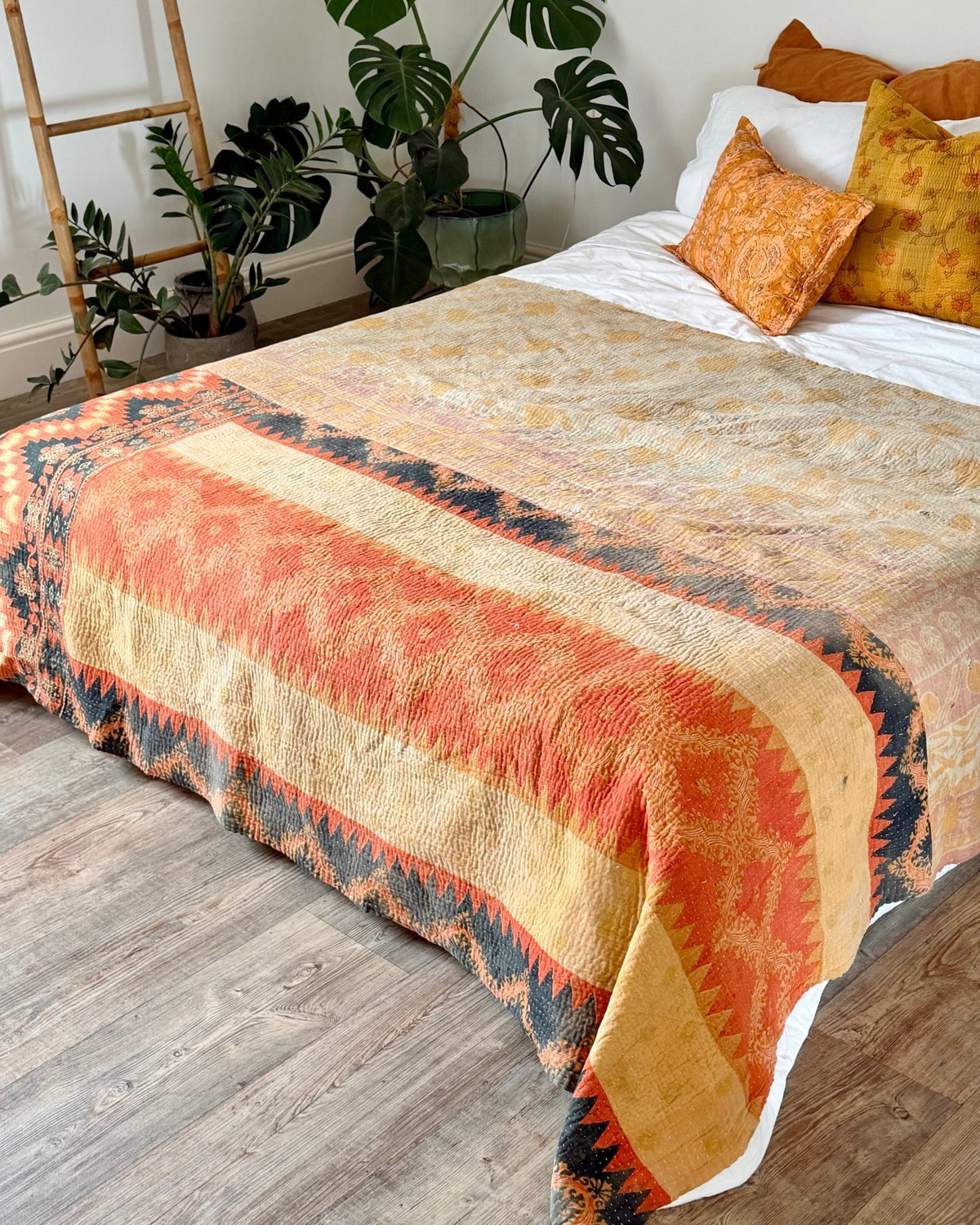 Fine Stitched Vintage Kantha Quilt in Beige and Orange Zig Zags - Biggs & Hill