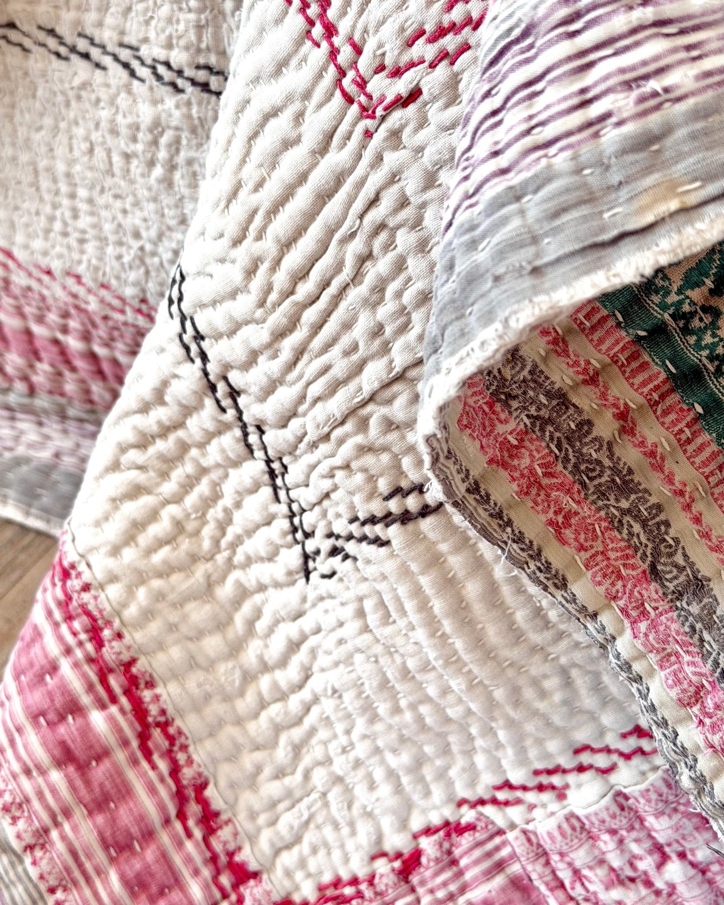 Heavy Fine Stitched Embroidered Vintage Kantha Quilt in White and Pink - Biggs & Hill