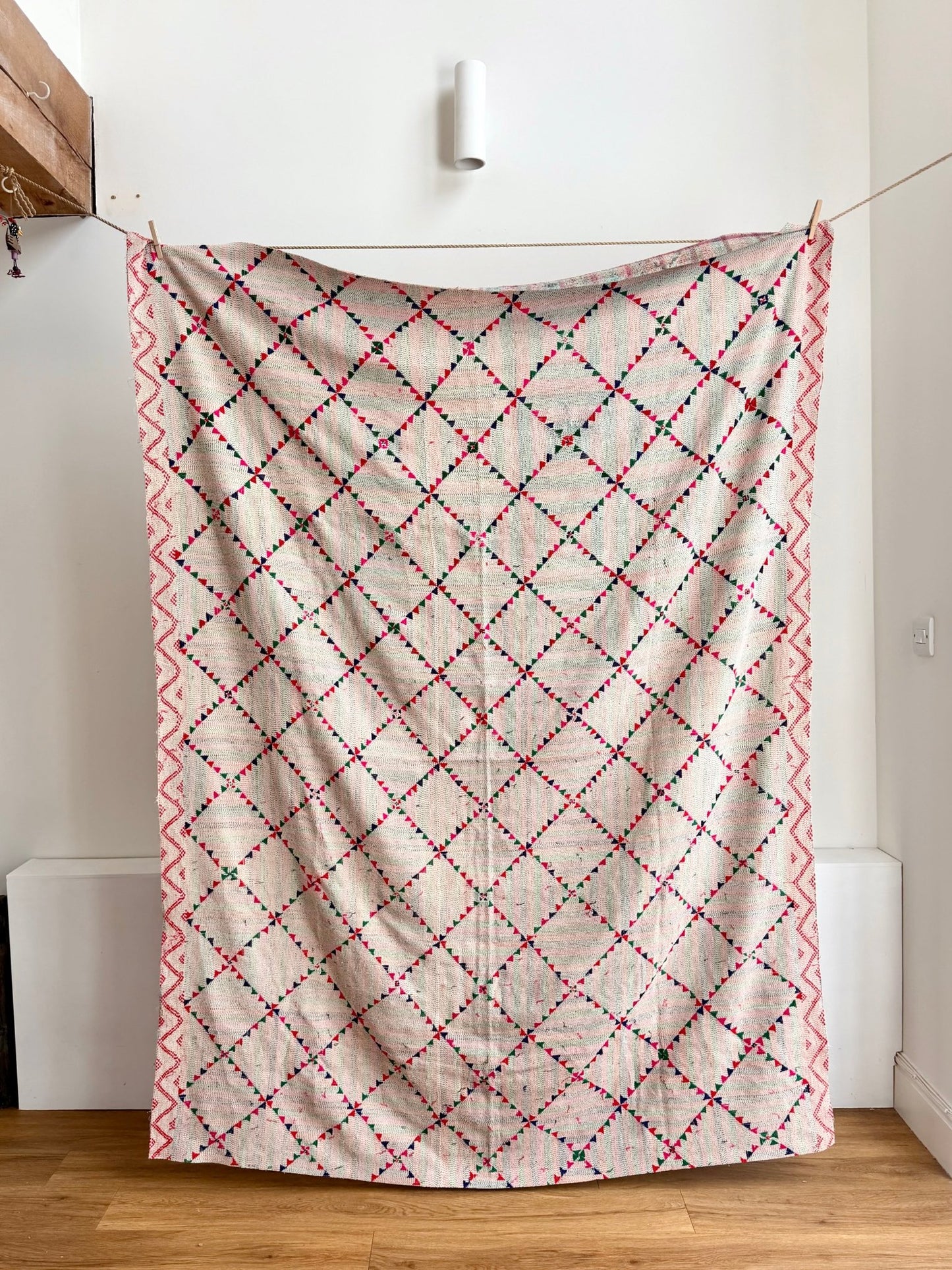 Project Kantha Quilt: Off - white With Geometric Embroidery - Biggs & Hill