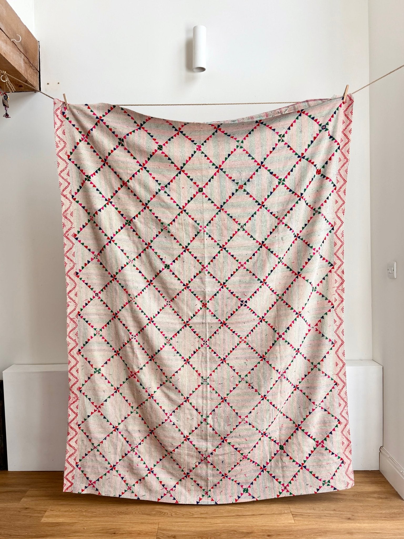 Project Kantha Quilt: Off - white With Geometric Embroidery - Biggs & Hill