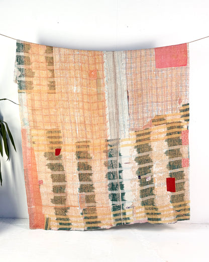 Large Textured Vintage Kantha Quilt in Pastel Pink and Blue