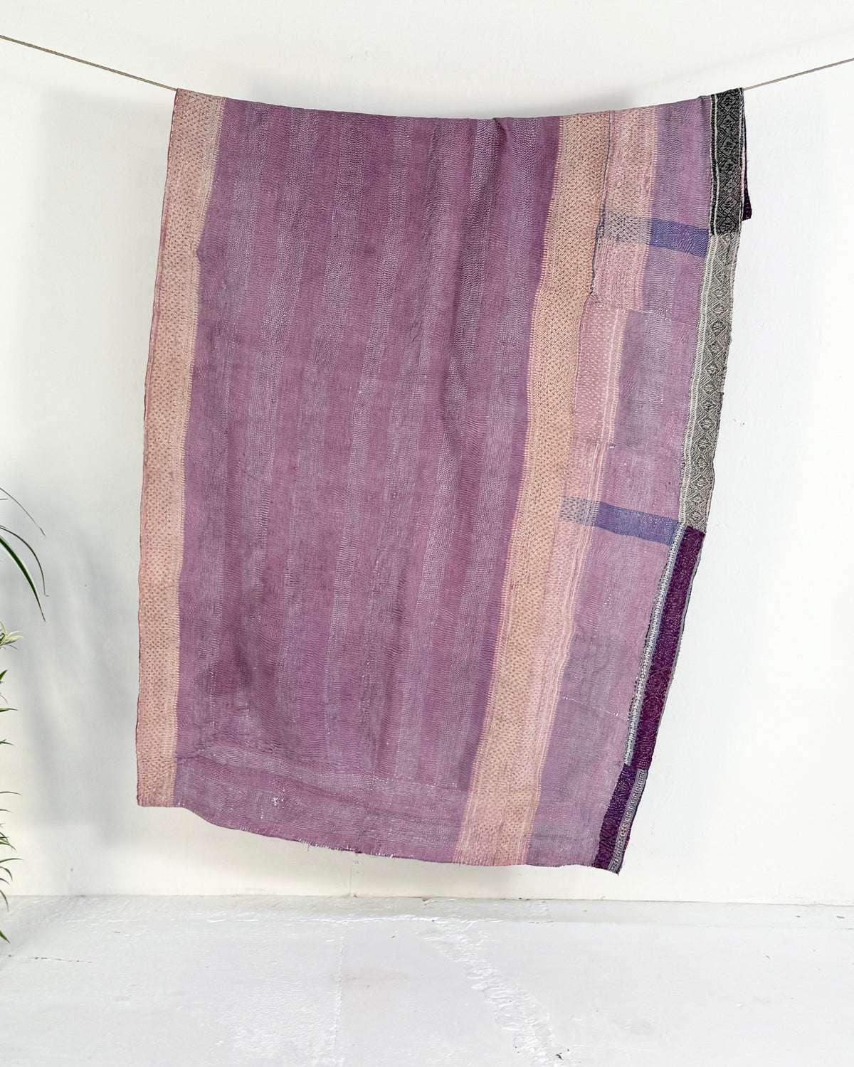 Heavy Fine Stitched Embroidered Vintage Kantha Quilt in Blue and Pink