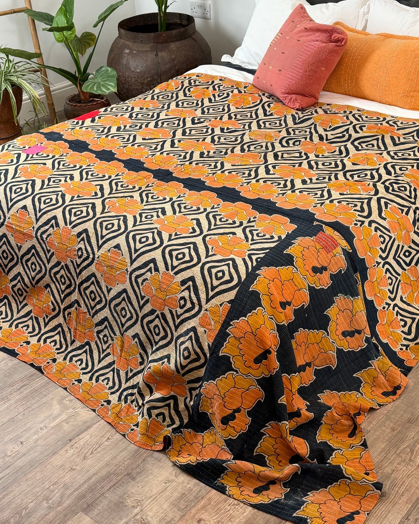 Extra Large Fine Stitched Vintage Kantha Quilt With Pink Dots and Navy Blue Patterns - Biggs & Hill