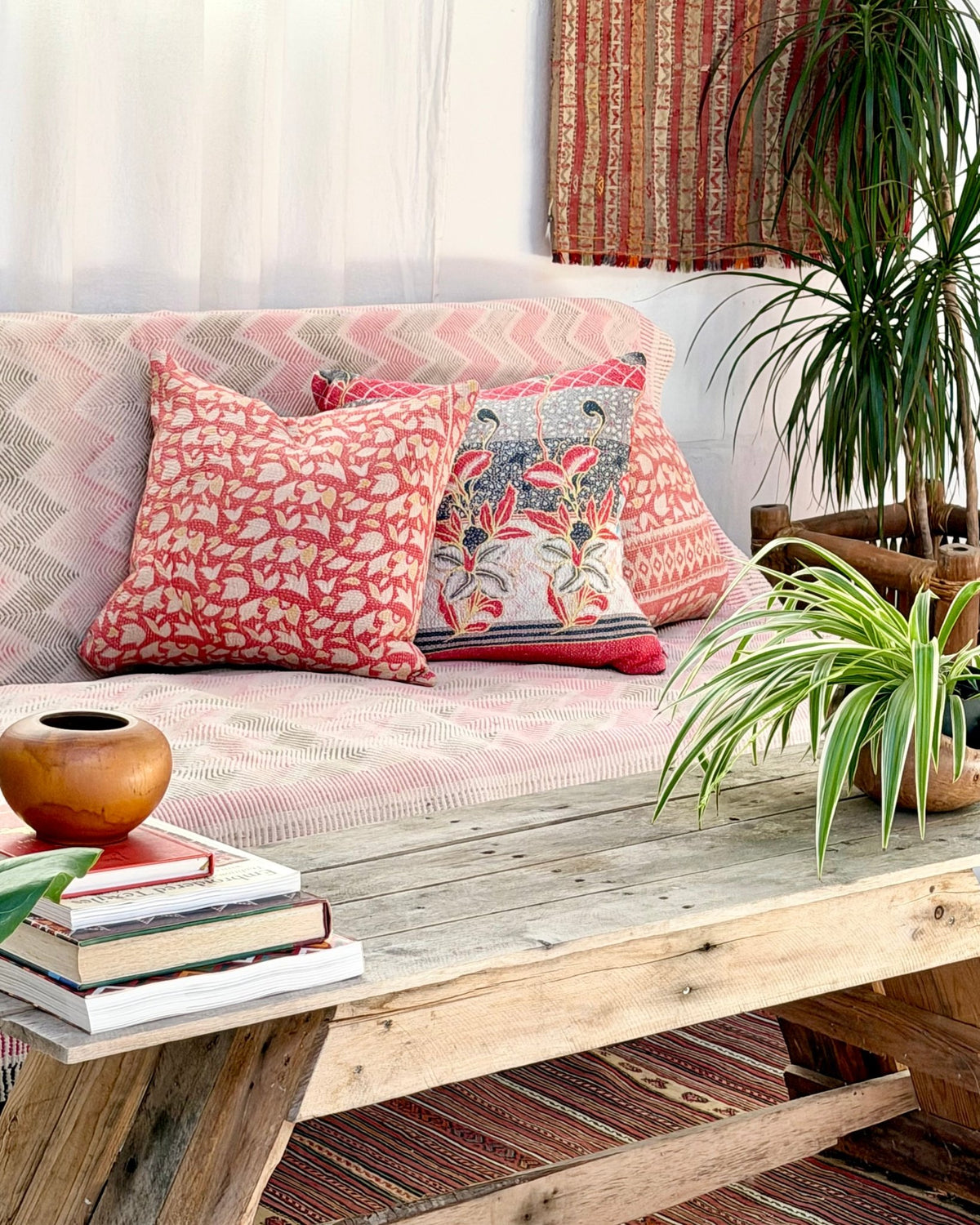 Handmade Vintage Kantha Cushion Cover In Pink Floral - 45cm (18") - Biggs & Hill